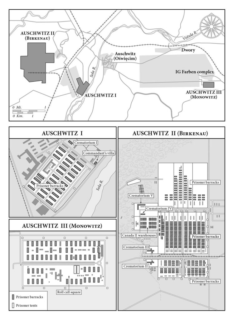 De 1942-3, Auschwitz se composait de trois complexes distincts: l'ancien camp principal (Auschwitz I); Birkenau, avec ses chambres à gaz (Auschwitz II); Monowitz et d'autres camps satellites (Auschwitz III).